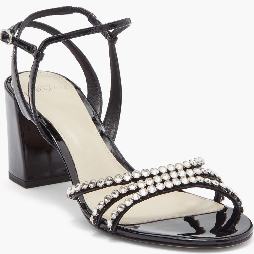 Alexandre Birman Caged Ankle Strap Block Heel Sandals in Black with Rhinestones